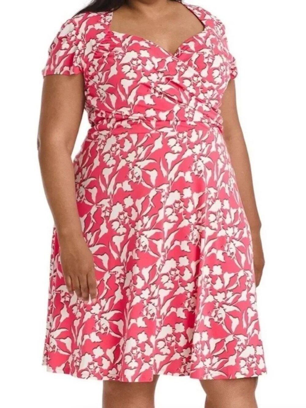 LEOTA Plus Size Pink White Floral Short Sleeve Surplice Faux Wrap Dress Midi 3X